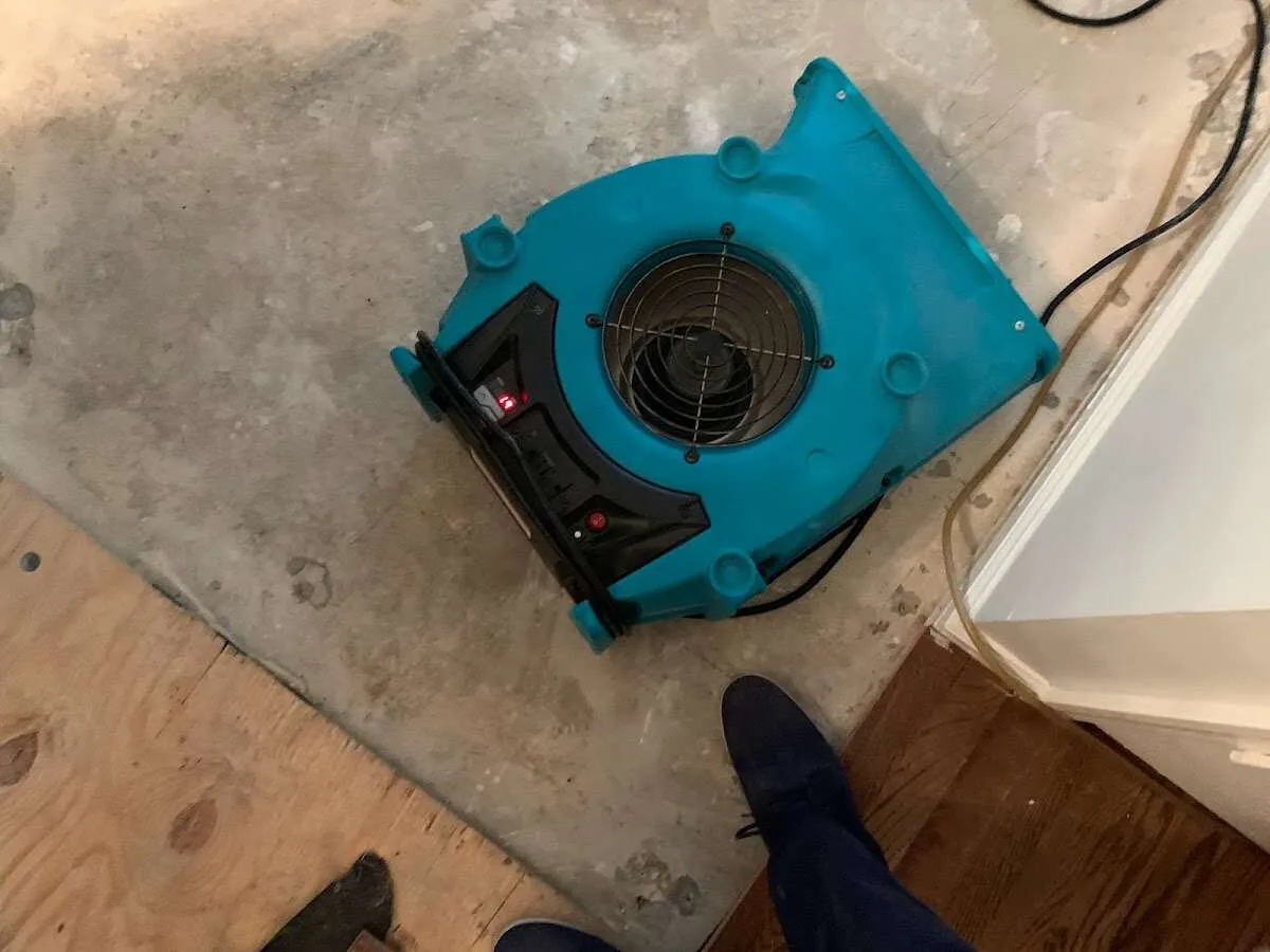 Air mover drying subfloor during Commercial Water Damage Restoration in Crete